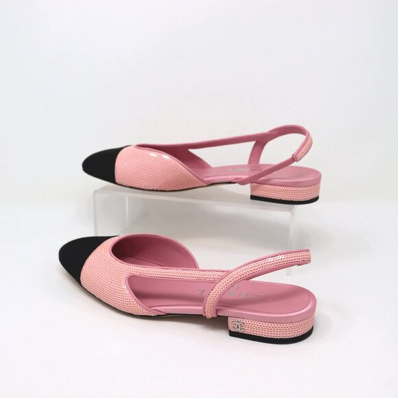 CHANEL 37.5 Pink Sequin Slingback 24P Interlocking CC Logo - Picture 6 of 14